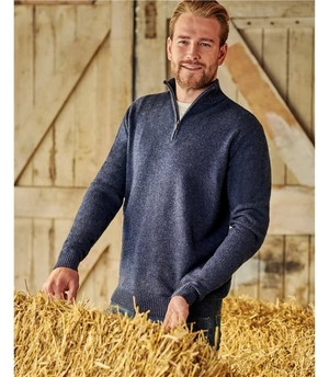 Мужской свитер с воротником на молнии из натуральной шерсти ягненка - N7M 