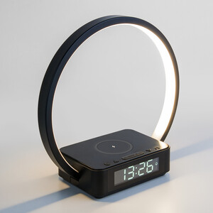 80505/1 черный, Сенсорная светодиодная настольная лампа с беспроводной зарядкой и будильником