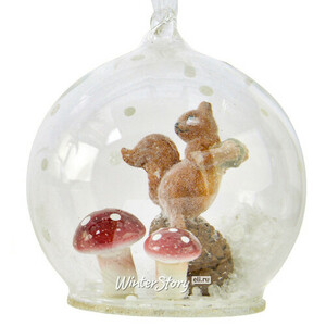 Стеклянный шар с композицией Лесные Забавы - Белка и грибочки 8 см, подвеска (Kaemingk)