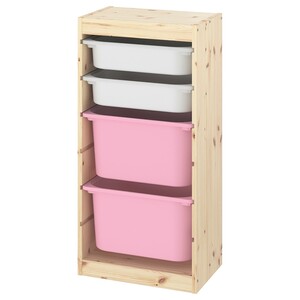 TROFAST ТРУФАСТ, Комбинация д/хранения+контейнеры, светлая беленая сосна белый/розовый, 44x30x91 см