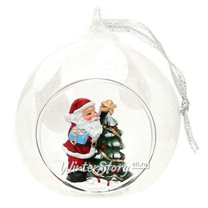 Шар с композицией Лесная сказка - дедушка Санта у ёлочки 9 см, стекло, подвеска (Sigro)