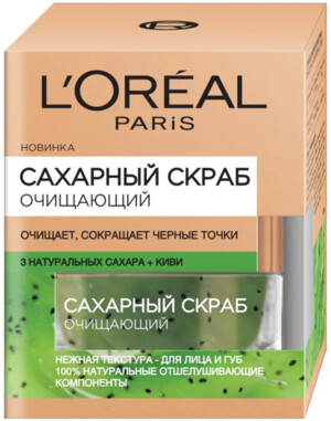L'Oreal Paris / Сахарный скраб для лица, очищающий, сокращающий черные точки, 50 мл, 3 натуральных сахара и Киви 
