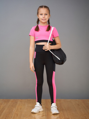 Комплект для фитнеса (футболка-топ, тайтсы, мешок), 106614-373121, цвет: яркий розовый, черный