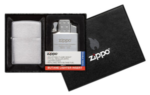 Набор Zippo: зажигалка 200 с покрытием Brushed Chrome и газовый вставной блок с двойным пламенем, шт