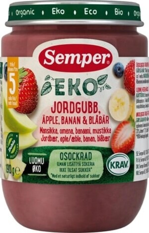 Детское питание (5-6 месяцев) Semper Luomu hedelmiä 190g 5kk