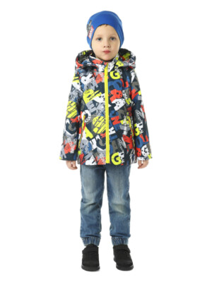КВУ1154 куртка ветрозащитная утепленная для мальчика       ПРИНТ БУКВЫ ДИАГОНАЛЬНЫЕ сине-красный