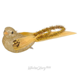 Елочное украшение Птичка Невеличка 14 см золотая, 2 шт, клипса (Koopman)