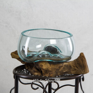 Плоская ваза Тьерри 22 см на деревянной подставке, стекло, уцененная (Kaemingk)