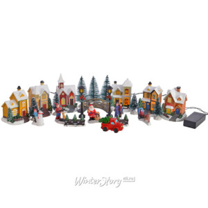 Светящаяся композиция Christmas Village: Домики на Смайли-стрит, с фигурками и аксессуарами, на батарейках, уцененная (Kaemingk)
