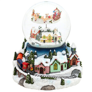 Снежный шар музыкальный Упряжка Санты над зимним городом 20 см, динамика, батарейка (Sigro)